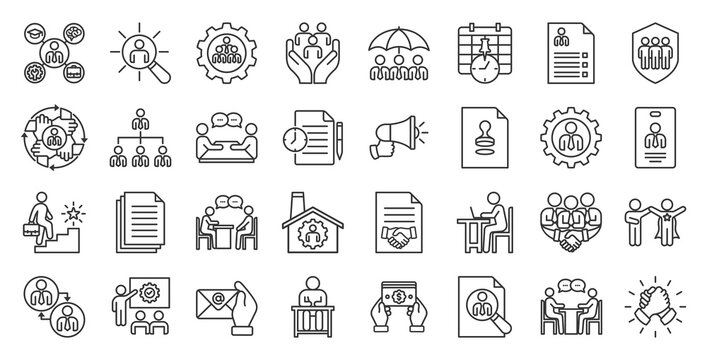 Human resources outline icon set. Contain employee engagement, employee retention, workforce planning, training development, compensation benefits, recruitment process, organizational development