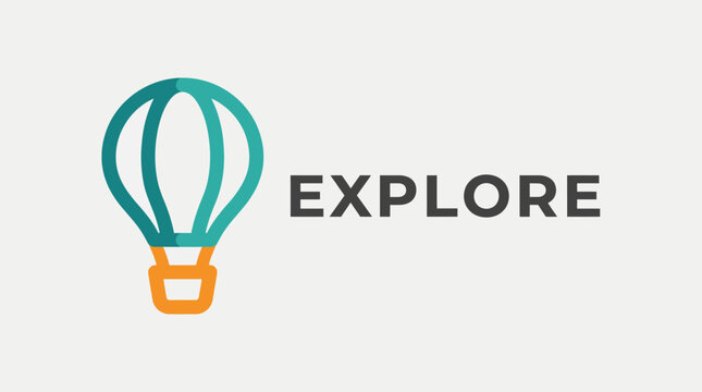 A whimsical hot air balloon graphic with the word 'EXPLORE' emphasizes themes of adventure, travel, and discovery in a colorful and engaging graphic style.