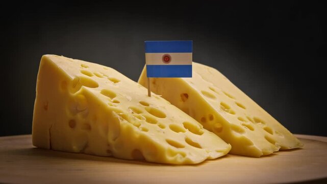 Magnificent duo of golden cheese wedges with noticeable round holes on wooden board and Argentina flag on toothpick.