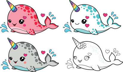 Cute narwhal cartoon character set with color variations outline sketch and kawaii sea animal vector illustration collection © EdGe Creative
