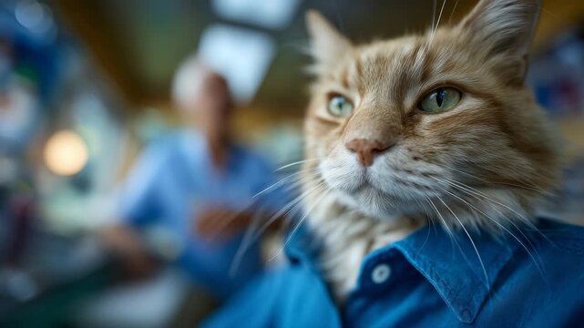 Macro shot focusing on fluffy cat in blue shirt, whiskers and fabric texture sharp, male vet blurred in background with soft warm light, shallow depth emphasizing cat&rsquo;s calm presen