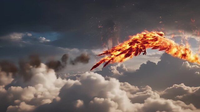 Majestic phoenix soaring through dramatic clouds for powerful transformation concept and mystical new beginnings