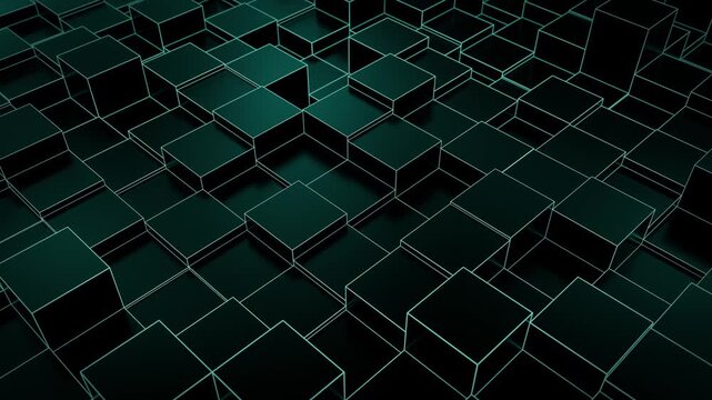 Looped animation of abstract 3D cubes field randomly moving up and down with glowing teal outlines. Futuristic technology background for digital systems and data structures visualization. 4K 60fps