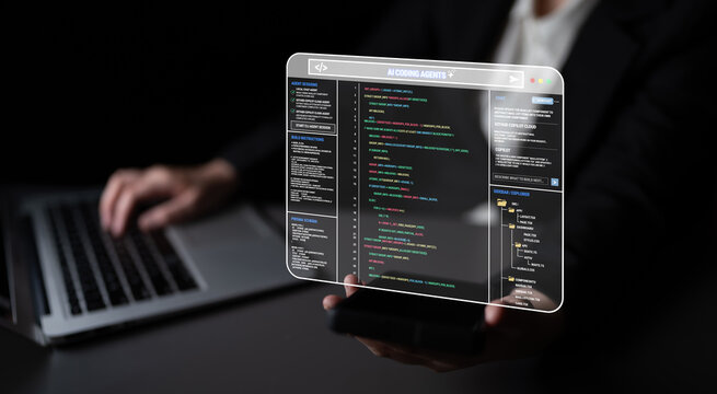 Person in a dark setting holding a smartphone displaying computer code while using a laptop for programming tasks and developing software applications Quark.