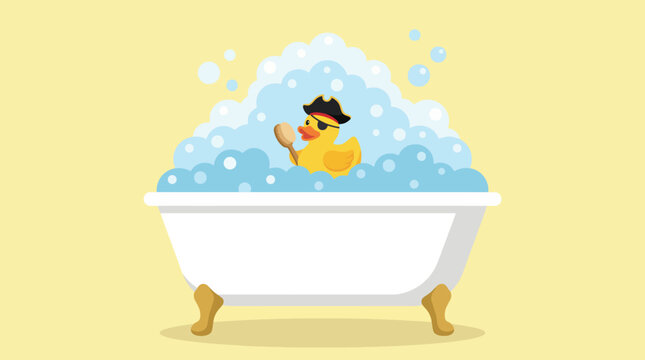 A whimsical illustration of a rubber duck with a pirate hat enjoying a bubbly bath, showcasing a fun and lighthearted mood perfect for children's products or themes.