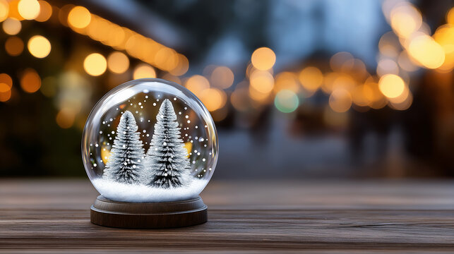 Glass snow globe with winter trees inside representing holiday, winter atmosphere and festive decoration.