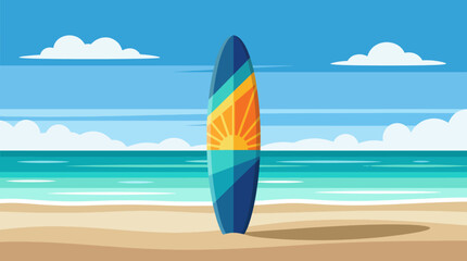 A brightly colored surfboard positioned on the sand with a peaceful ocean backdrop, representing the spirit of surfing, summer fun, and the colorful lifestyle by the coast. © Zihang