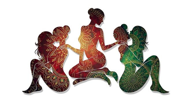 Kamasutra cultural concept with traditional Indian miniature painting style, symbolic romantic poses shown artistically, ornate patterns and rich colors, high-detail illustration, 