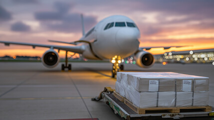 Fototapeta premium Cargo airplane on airport runway with pallet loading equipment representing air freight logistics and global transport.