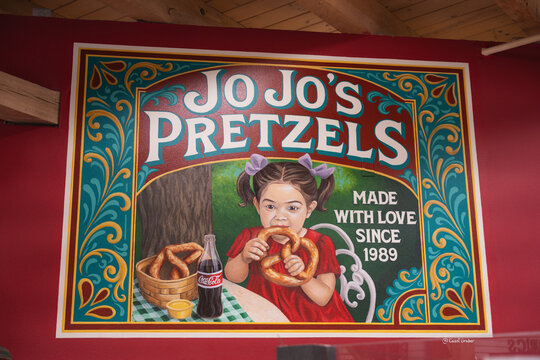 Sign for JoJo&rsquo;s Pretzels shop inside Davis Mercantile, Shipshewana, Indiana, January 2026