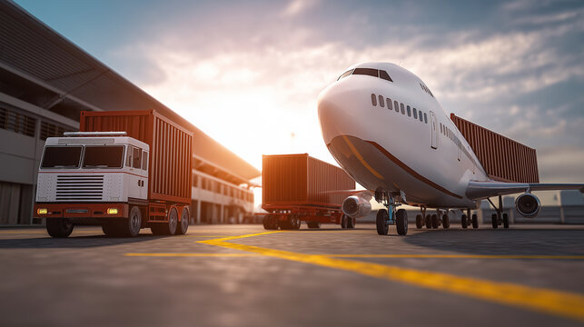 Cargo airplane on airport runway with pallet loading equipment representing air freight logistics and global transport.