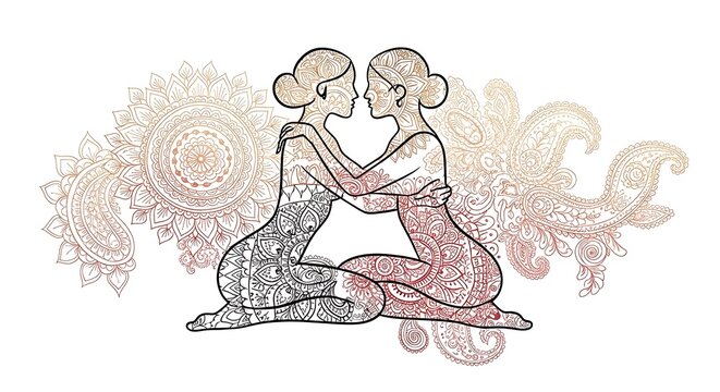 Kamasutra cultural concept with traditional Indian miniature painting style, symbolic romantic poses shown artistically, ornate patterns and rich colors, high-detail illustration, 