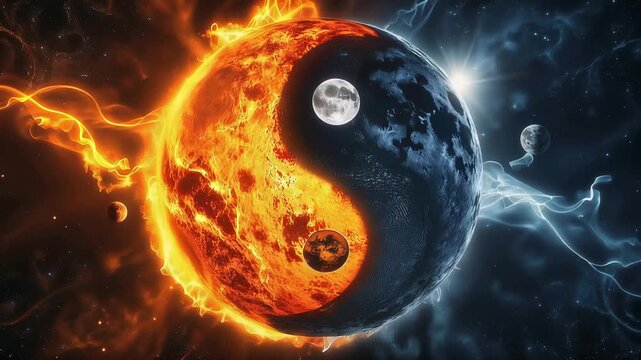 Celestial Yin Yang symbol with fiery orange and icy blue elements, featuring moons in a star-filled cosmos for universal balance concept and duality