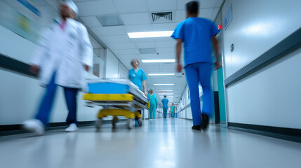 Obraz premium Medical staff walking fast in hospital corridor with motion blur symbolizing urgency, healthcare service and emergency response.