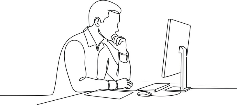 Thoughtful businessman working at computer thinking and analyzing information line art vector illustration for problem solving and decision making concept
