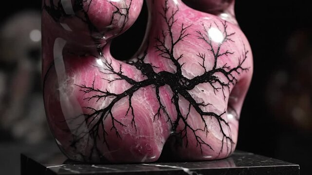 Abstract Pink Sculpture with Veins Standing on a Marble Base