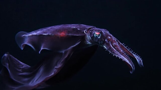 A squid floating gracefully in dark underwater environment