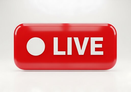 Red and white live broadcast button with a white circle and the word live