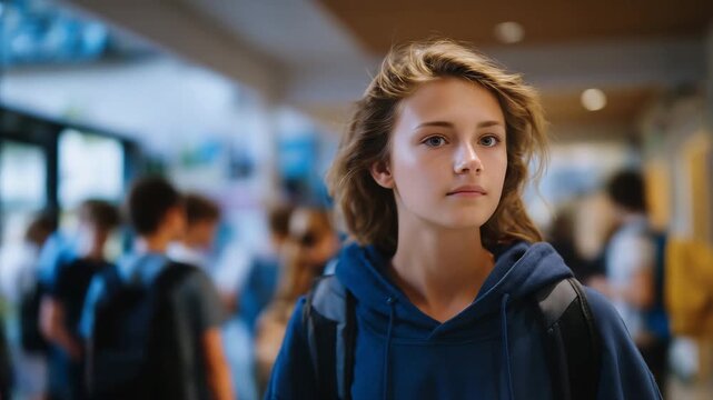 Side-angle shot of a student walking slowly down a school corridor, blurred groups of peers interacting in the background, muted colors and shallow depth of field emphasizing lonel