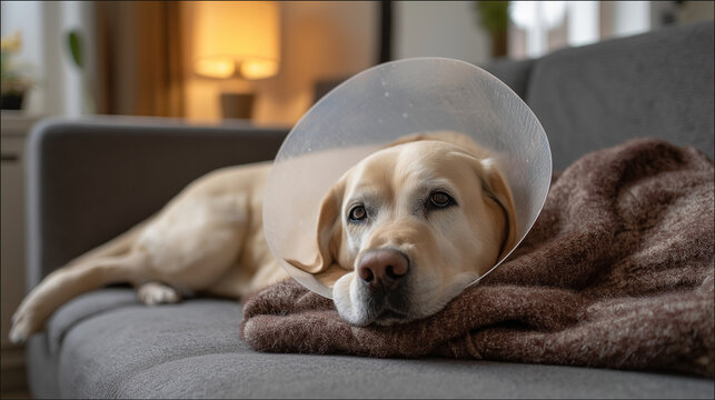 Dog wearing protective cone sitting near food bowl representing veterinary care and recovery after treatment.