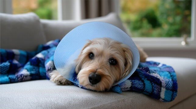 Dog wearing protective cone sitting near food bowl representing veterinary care and recovery after treatment.
