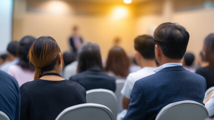 Fototapeta premium Audience attending business conference seminar with speaker presenting in modern hall.
