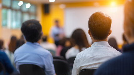 Fototapeta premium Audience attending business conference seminar with speaker presenting on stage in blurred background.