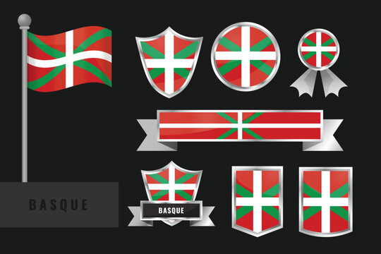 Basque Country Flag Set: Ikurrina National Emblems, Shields, Badges and Ribbons.[1] Euskadi Region Symbols Collection.