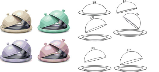 Food serving cloche set with tray and dome covers realistic and outline vector illustration restaurant catering equipment isolated © EdGe Creative