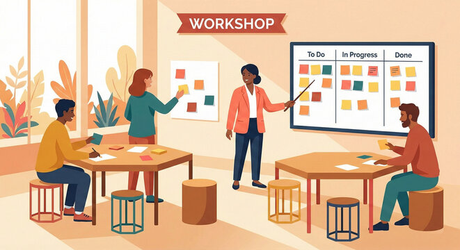 Professional business workshop setting with people using a kanban board and sticky notes for project management and team planning.