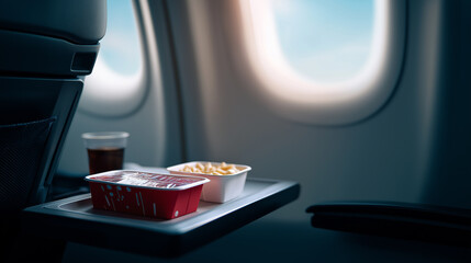 Fototapeta premium Airplane window view with fresh healthy meal and orange juice served on tray during flight.