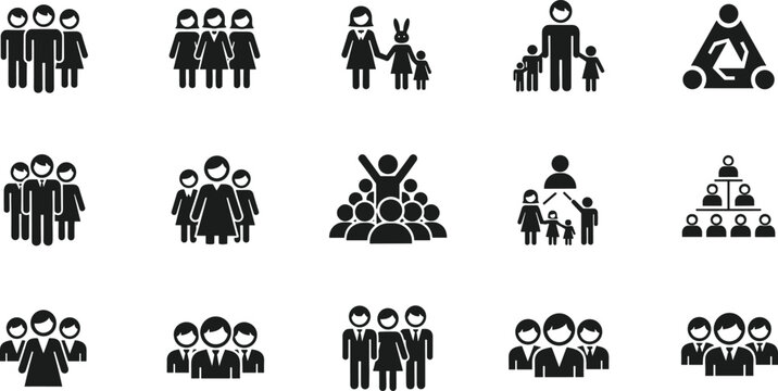 Various icons representing groups and families, stylized silhouettes on a transparent background.