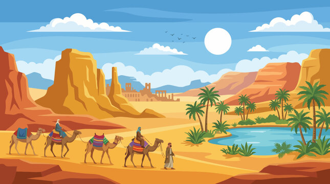 A vivid illustration of camels trekking through a vibrant desert landscape, highlighting the natural beauty of the oasis and the adventure of exploration under the sun.