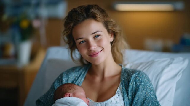 Soft pastel-toned maternity ward setting with a mother holding her newborn closely, baby's cheek resting against her chest, background softly blurred with hints of hospital furnish