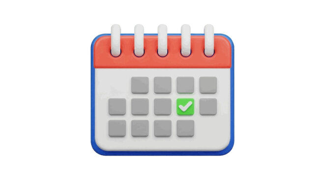 Vector illustration&nbsp;of 3d calendar icon with a green checkmark on a specific date on a transparent background