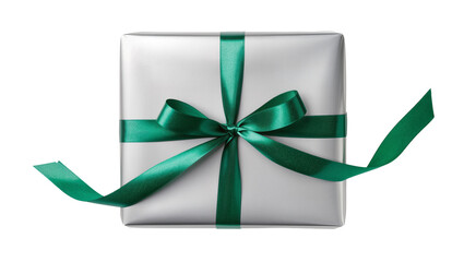 Obraz premium Silver gift box with emerald green ribbon bow, isolated on transparent background