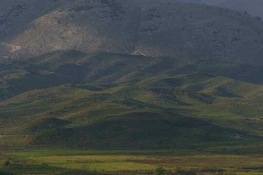 Detail of beautiful albanian landscape with mountains and hills in a valley, Finiq, Vlore, Albania