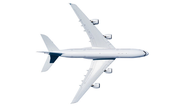 White jumbo jet airplane with four engines, isolated on transparent background