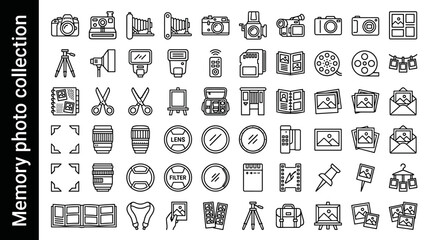 Fototapeta premium Memory photo collection line style icons, 40 unique objects including camera, polaroid, photo frame, selfie stick, smartphone,