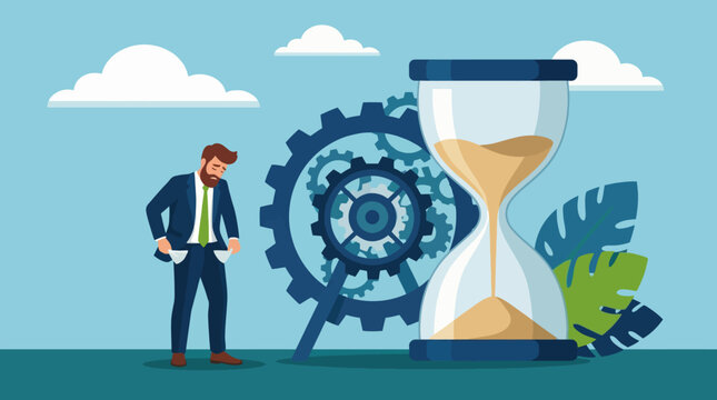 An illustration of a businessman with empty pockets standing by an hourglass symbolizes the struggle against time and financial challenges in today's fast-paced economic environment.