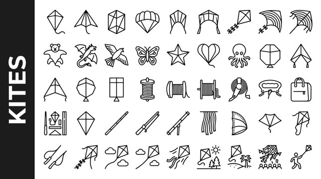 Kites line style icons, 40 unique objects including diamond kite, delta kite, box kite, parafoil kite, stunt kite, sport kite,