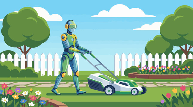 An illustration of a humanoid robot mowing a well-kept lawn, surrounded by flowers and greenery, representing the integration of technology in everyday gardening.