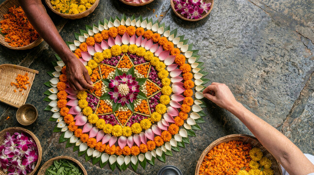 Top view of hands arranging a colorful flower mandala on a stone floor. Traditional floral rangoli decoration flat lay