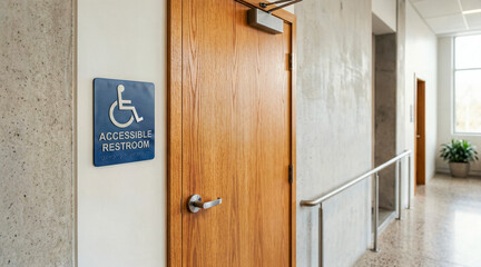 Blue accessible restroom sign with wheelchair symbol and braille next to a wooden door. Public facility hallway with concrete walls and handrail