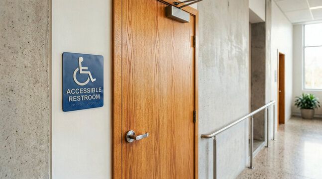 Blue accessible restroom sign with wheelchair symbol and braille next to a wooden door. Public facility hallway with concrete walls and handrail