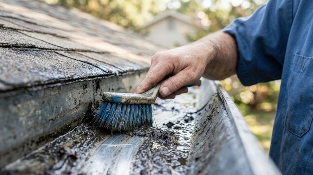Close up of male worker hand using a brush for scrubbing dirty metal gutter. Manual home exterior maintenance and roof drainage cleaning