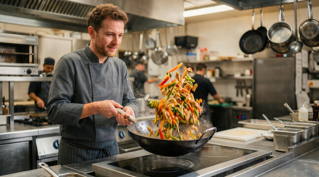 Professional chef tossing stir fry in a wok. Smiling male cook preparing an Asian meal with chicken and vegetables in a commercial restaurant kitchen
