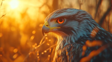 Obraz premium Majestic hawk at sunset, profile view, sharp focus, golden light.