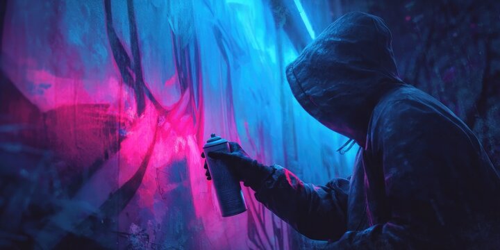 Person spraying aerosol paint on a wall with vibrant neon colors background