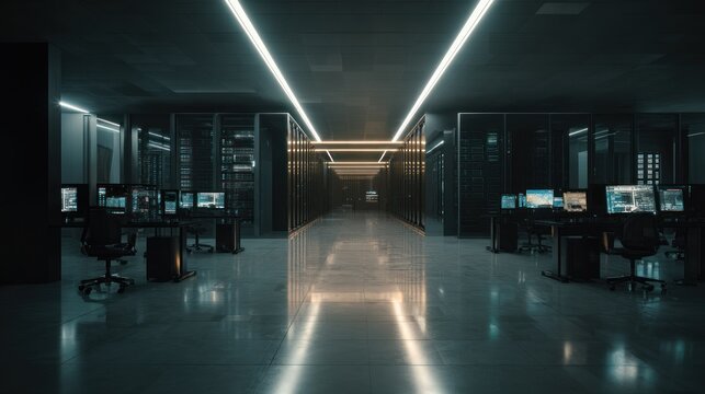 Modern server room interior with illuminated racks and monitors